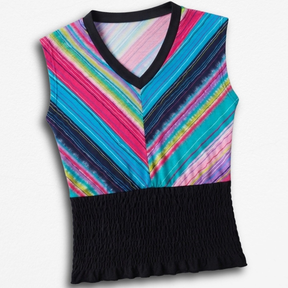 Rainbow Diagonal Stripe Smocked Hem V-Neck Sleeveless Top Colorful Boho‎ Vest